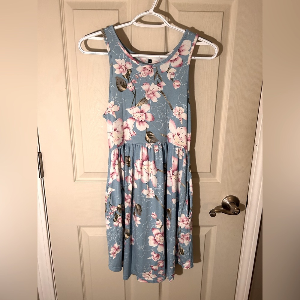 Blue Cotton Sundress with Pink & White Flowers. Size-Small